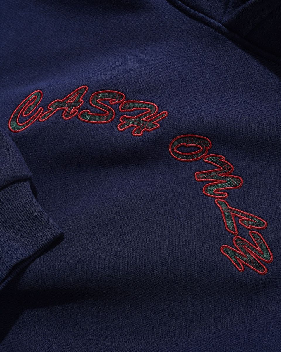 Cash Only Plaid Applique Logo Hoodie - Navy