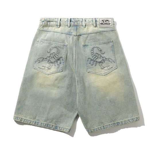 Butter Goods Scorpion Stitch Denim Shorts - Tinted Light Blue