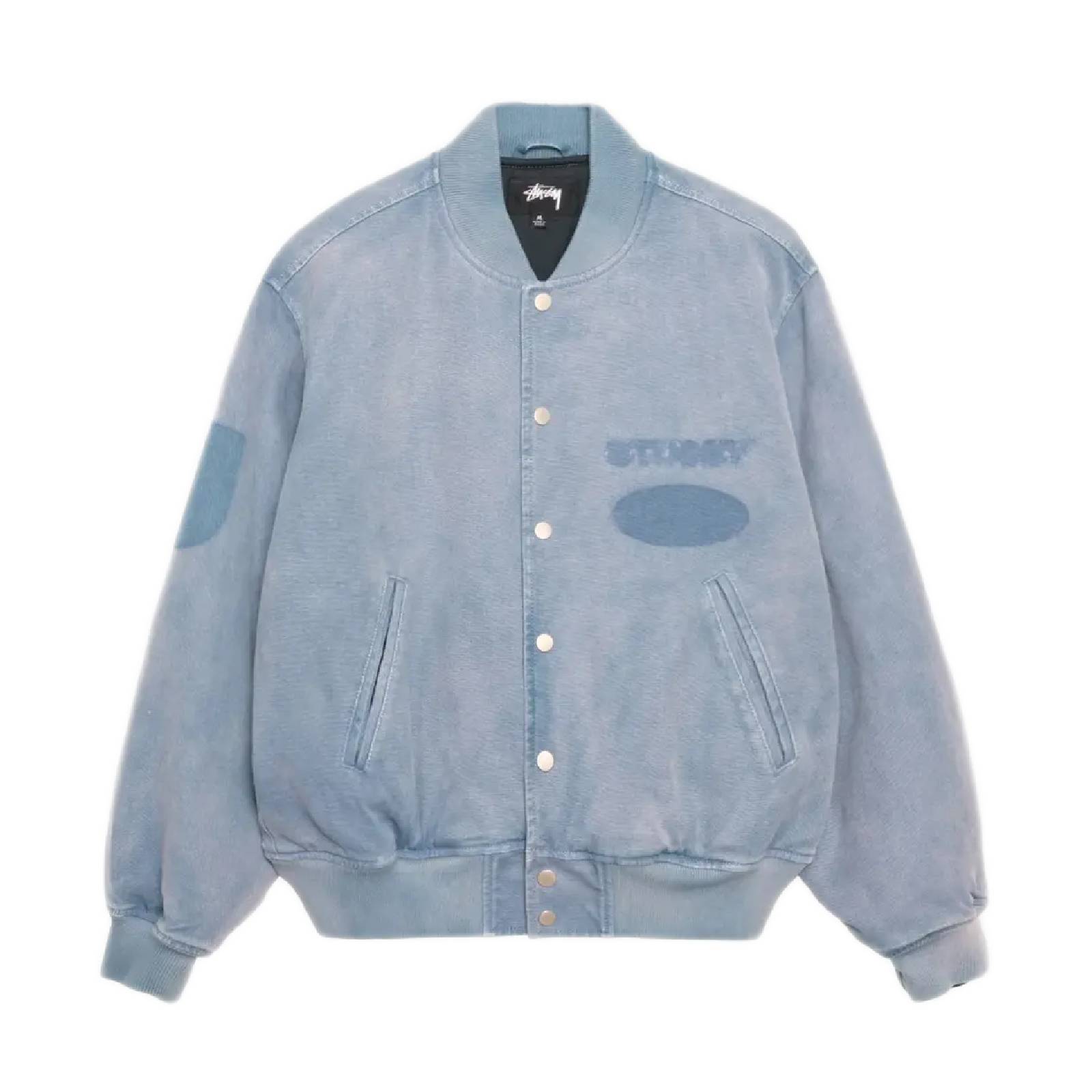 Stussy Ghost Logo Canvas Varsity Jacket - Blue – Ninetimes Skateshop