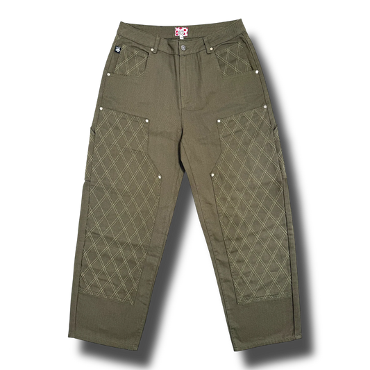 Star Team Cross Stitch Double Knee Jeans - Olive