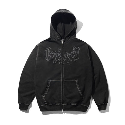 Cash Only Strip Zip-Thru Hoodie - Washed Black