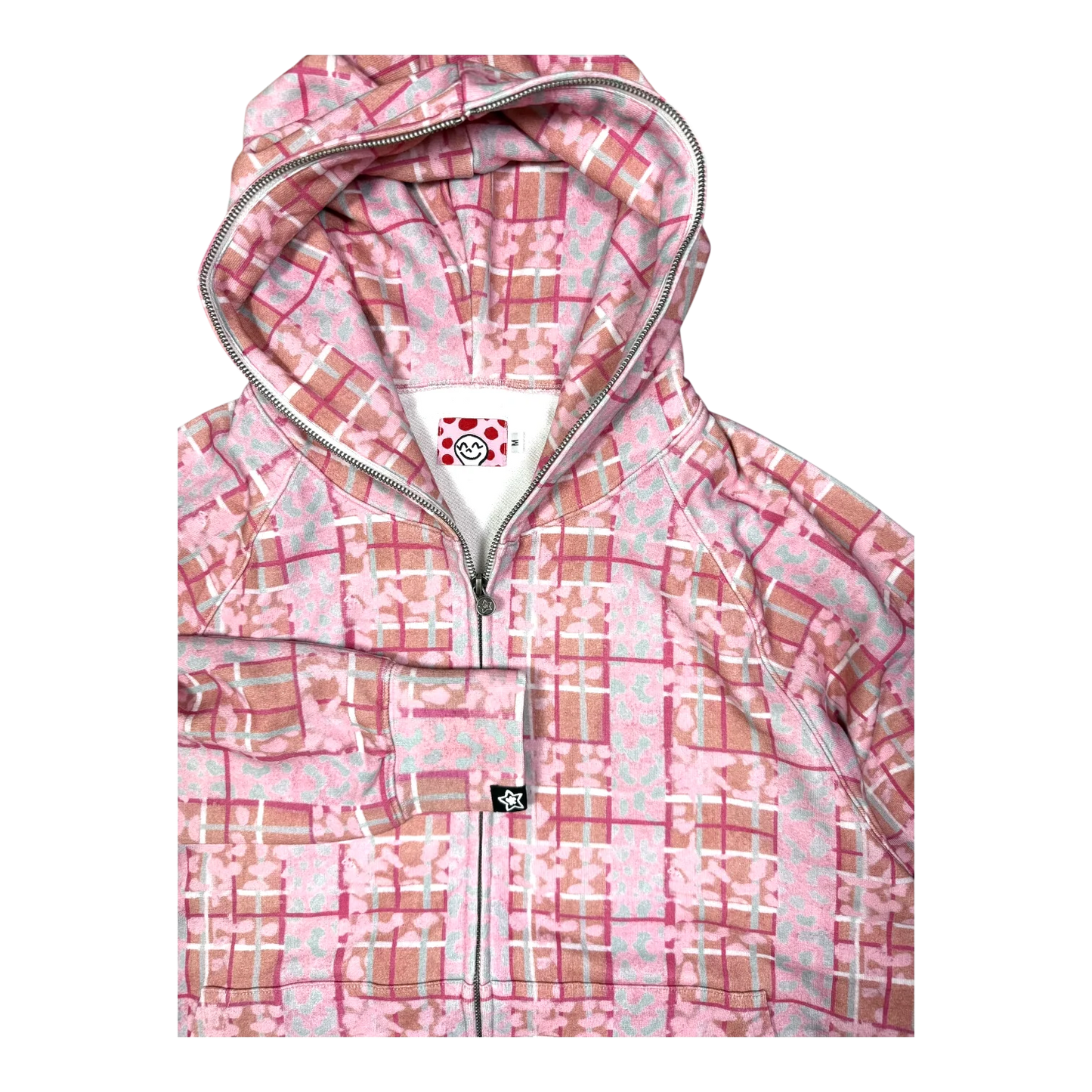 Star Team Leopard Plaid Full Zip Hoodie - Pink