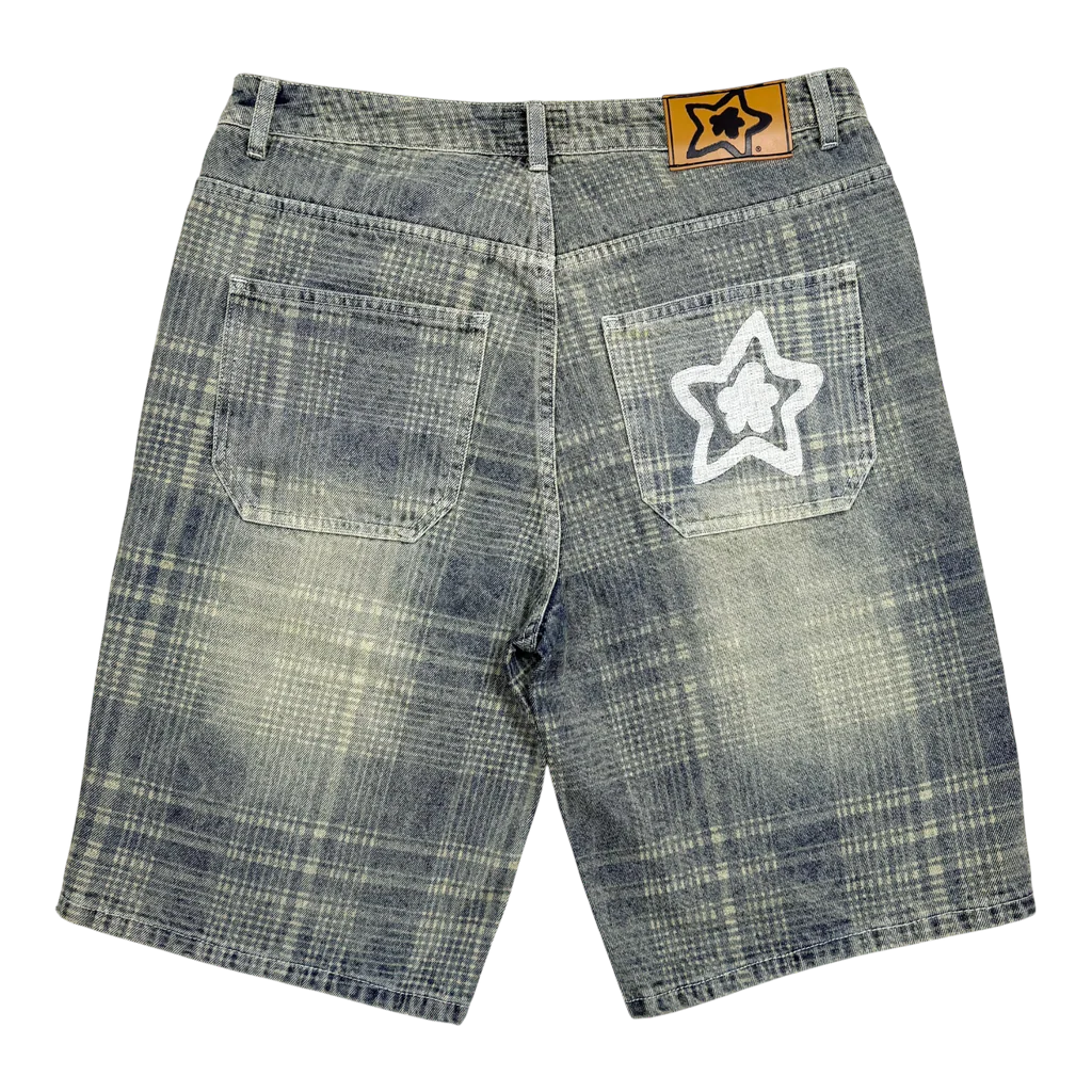 Star Team Plaid Jean Shorts - Blue