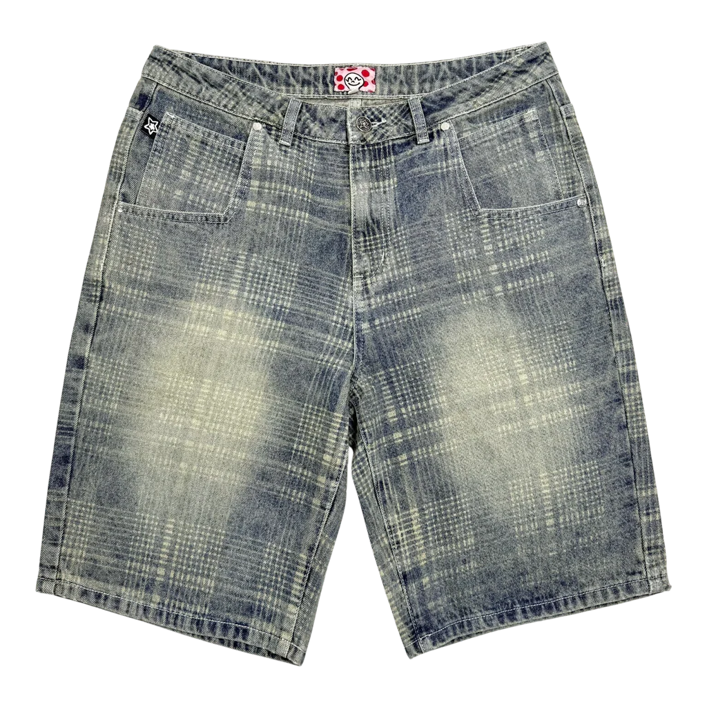 Star Team Plaid Jean Shorts - Blue