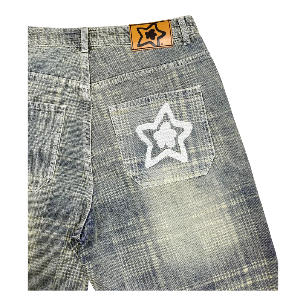 Star Team Plaid Jean Shorts - Blue