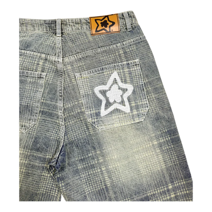 Star Team Plaid Jean Shorts - Blue
