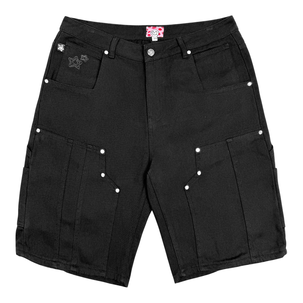 Star Team Double Knee Seam Jean Shorts - Black