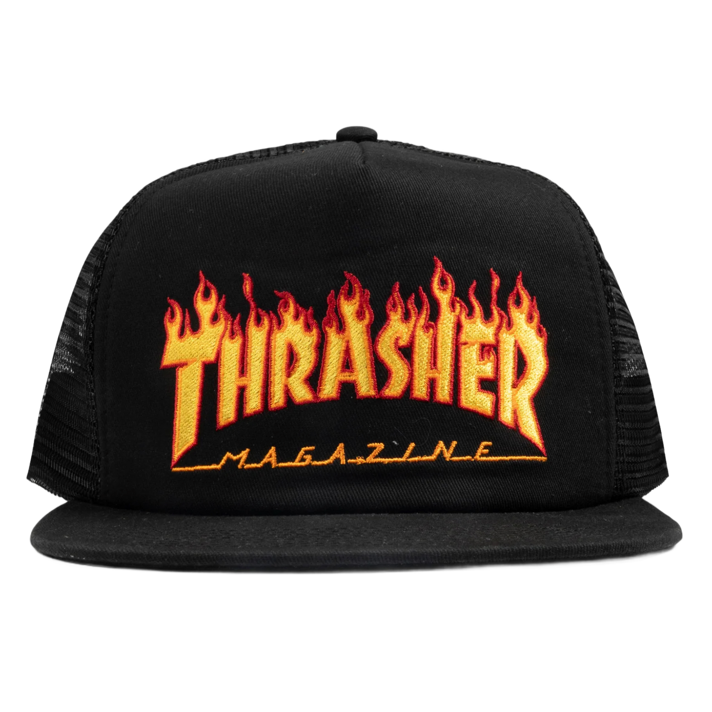Thrasher Embroidered Flame Logo Mesh Snapback - Black