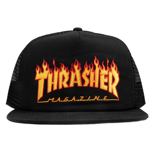 Thrasher Embroidered Flame Logo Mesh Snapback - Black