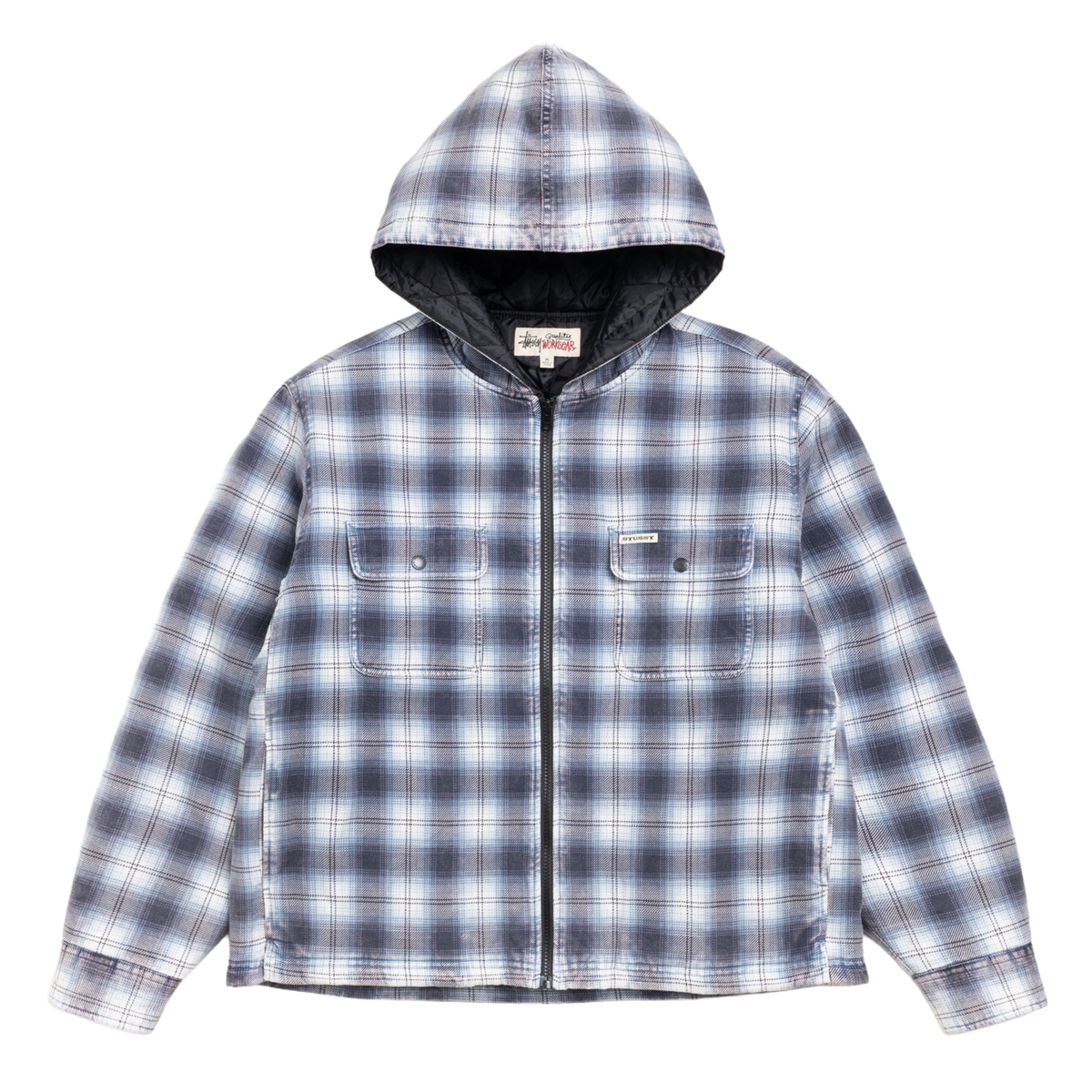 Stussy Zip Hooded Plaid Shirt Jacket - Blue