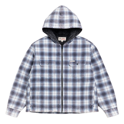 Stussy Zip Hooded Plaid Shirt Jacket - Blue