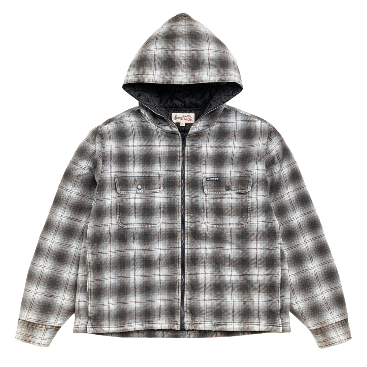 Stussy Zip Hooded Plaid Shirt Jacket - Charcoal