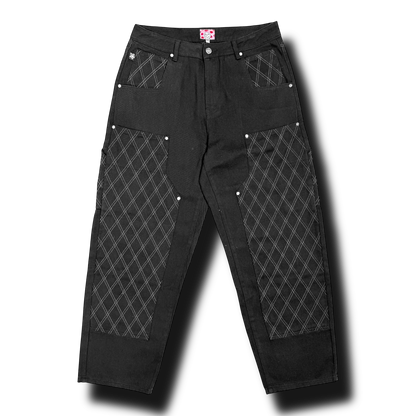 Star Team Cross Stitch Double Knee Jeans - Black
