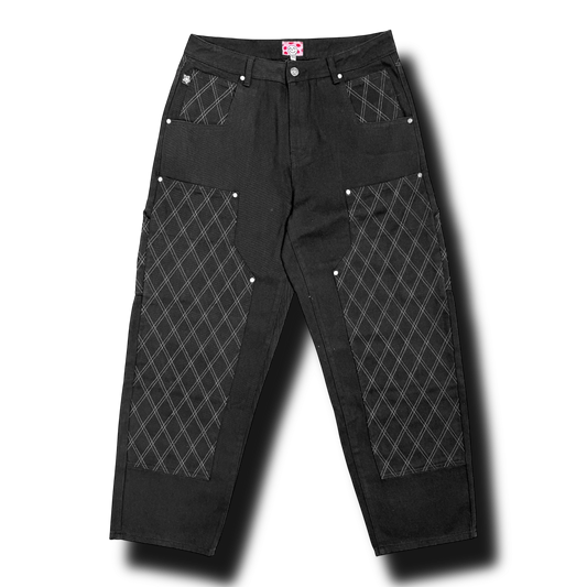 Star Team Cross Stitch Double Knee Jeans - Black