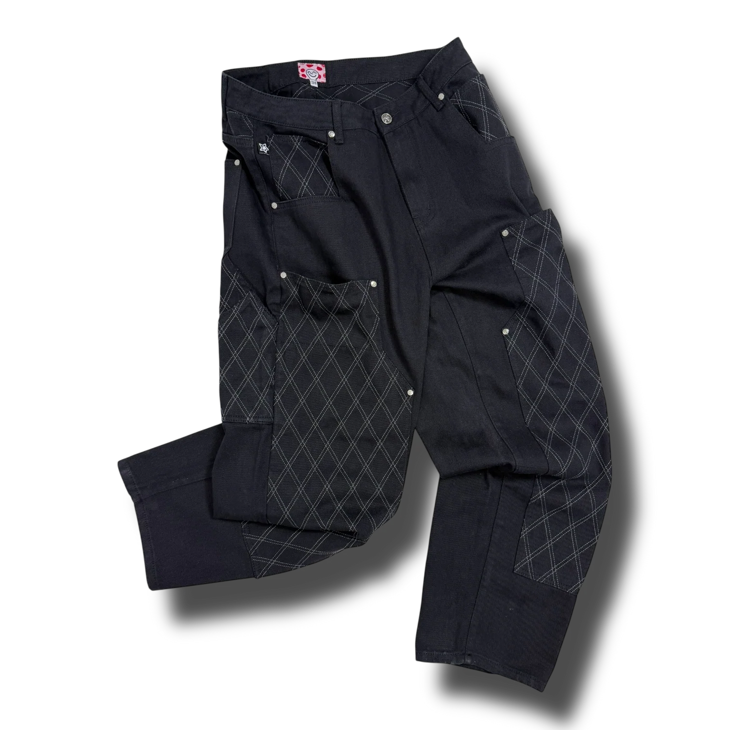 Star Team Cross Stitch Double Knee Jeans - Black