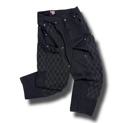 Star Team Cross Stitch Double Knee Jeans - Black
