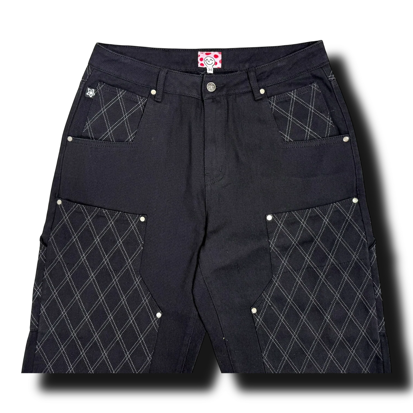 Star Team Cross Stitch Double Knee Jeans - Black