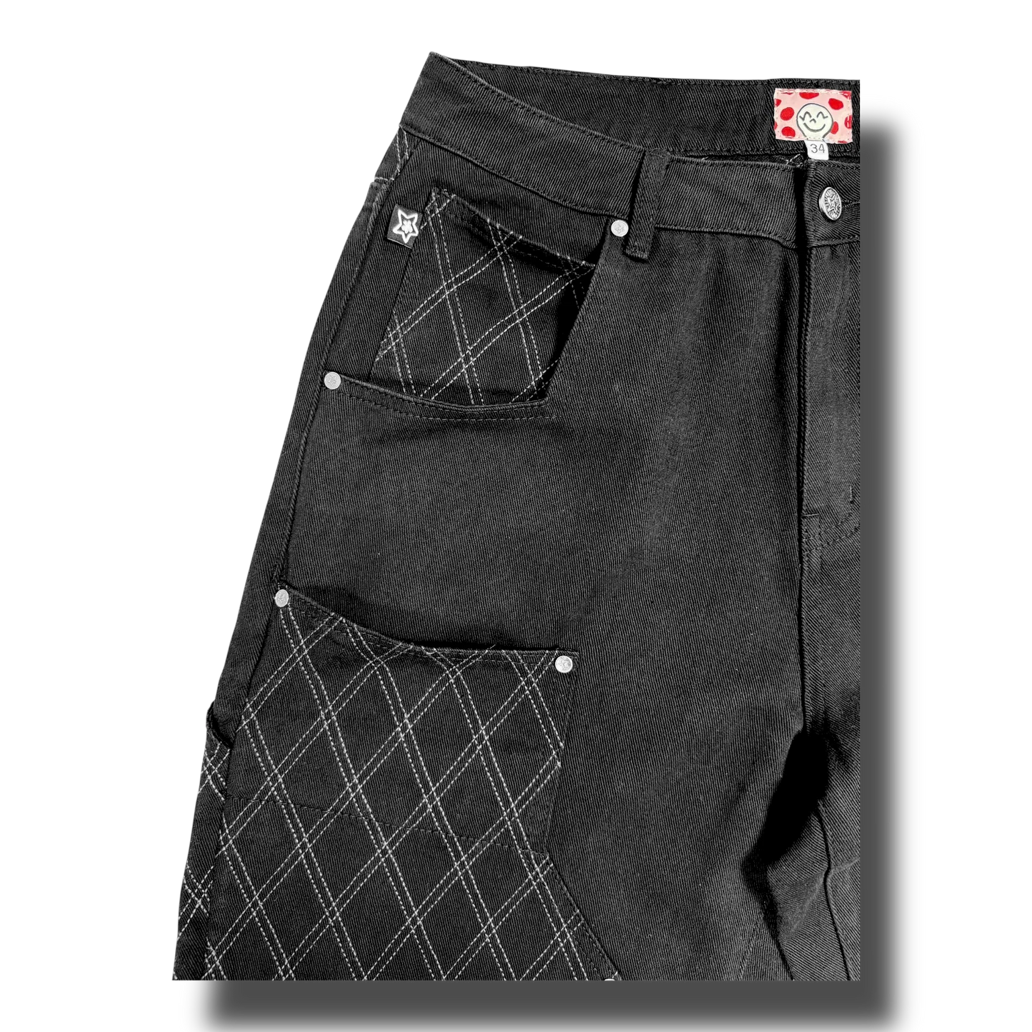 Star Team Cross Stitch Double Knee Jeans - Black