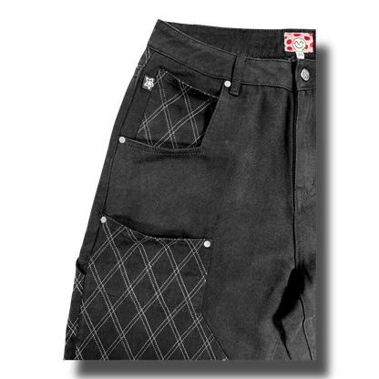 Star Team Cross Stitch Double Knee Jeans - Black