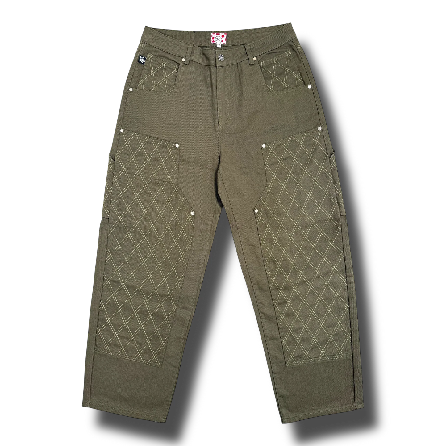 Star Team Cross Stitch Double Knee Jeans - Olive