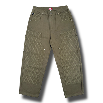 Star Team Cross Stitch Double Knee Jeans - Olive
