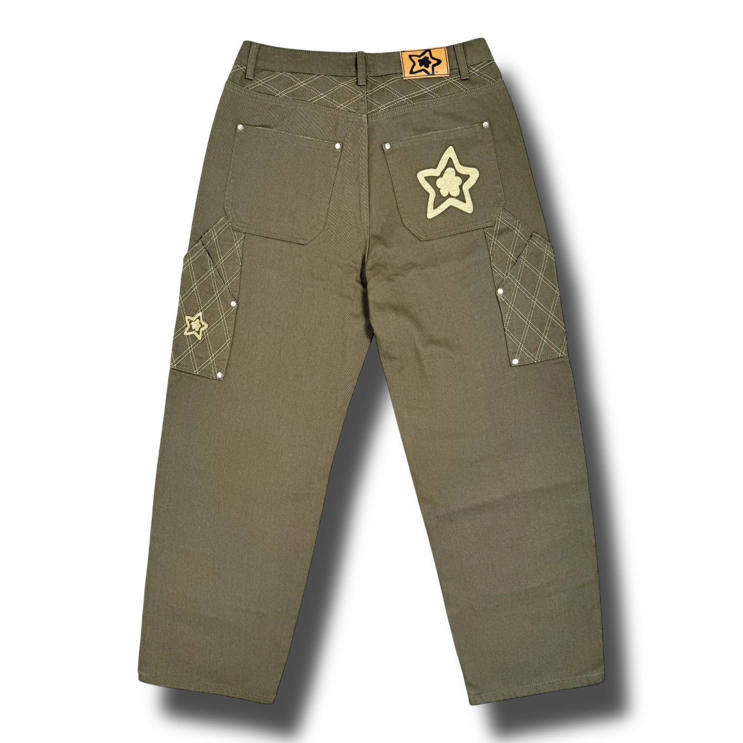 Star Team Cross Stitch Double Knee Jeans - Olive