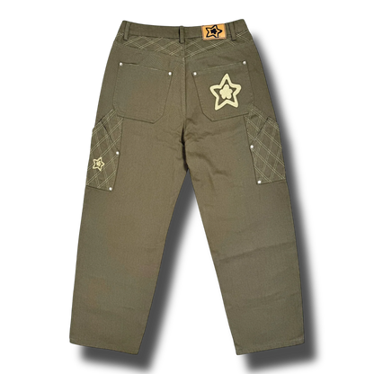 Star Team Cross Stitch Double Knee Jeans - Olive