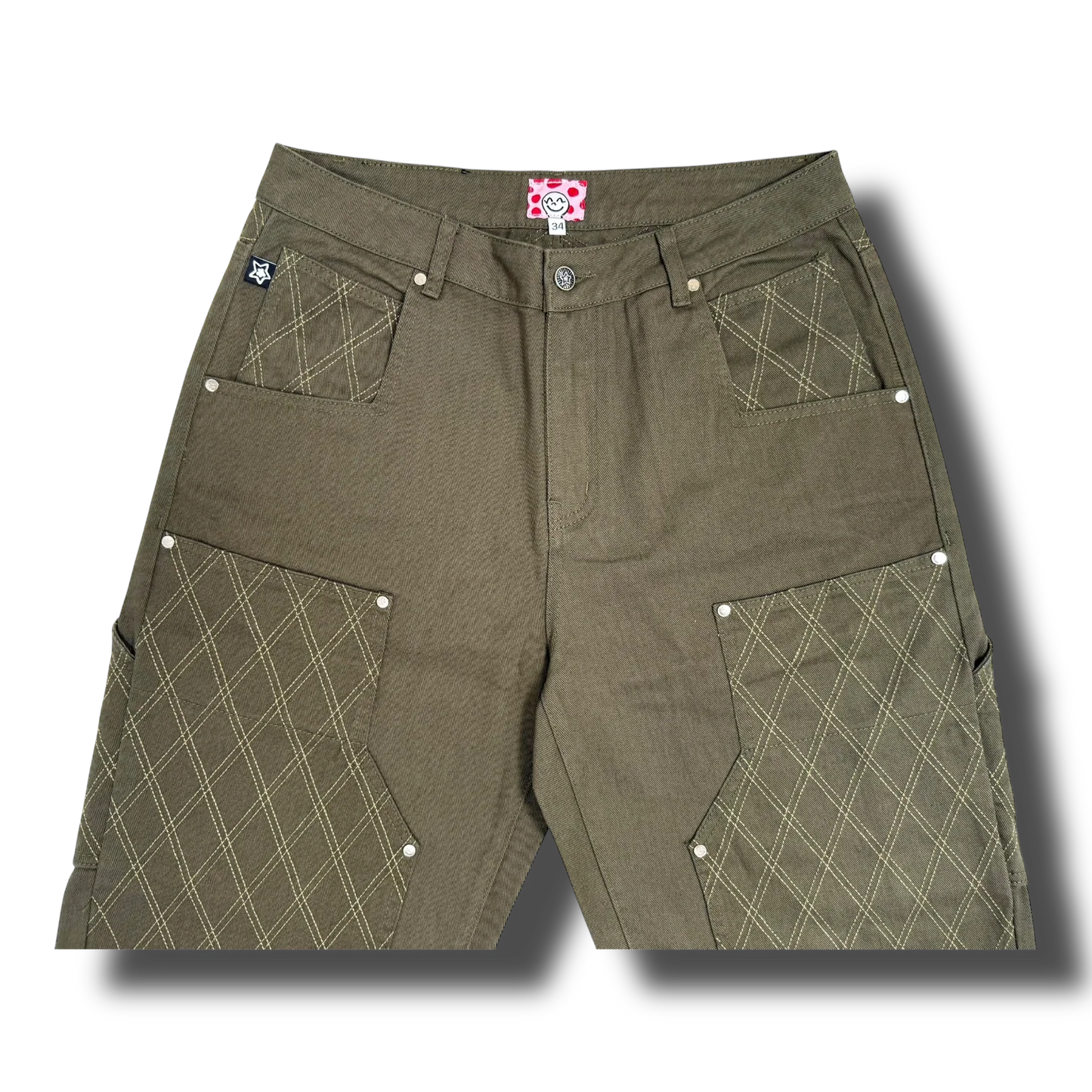 Star Team Cross Stitch Double Knee Jeans - Olive