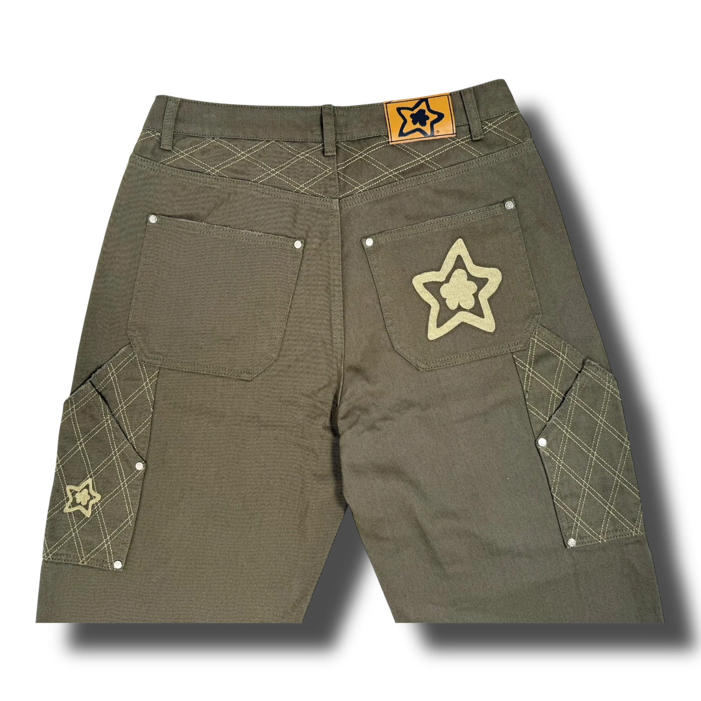 Star Team Cross Stitch Double Knee Jeans - Olive