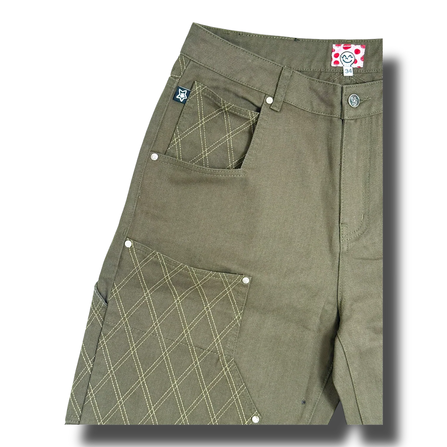 Star Team Cross Stitch Double Knee Jeans - Olive