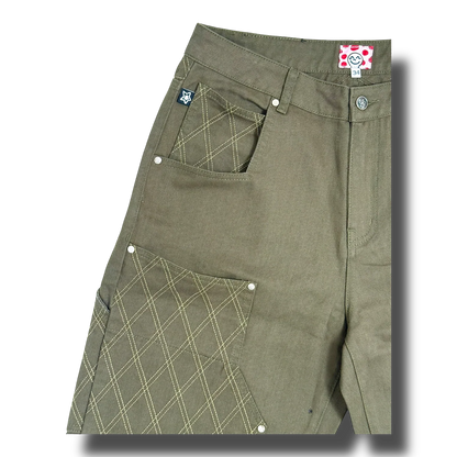 Star Team Cross Stitch Double Knee Jeans - Olive