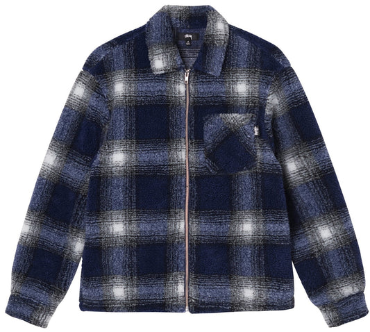 Stussy Shadow Plaid Sherpa Zip Shirt - Navy