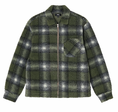 Stussy Shadow Plaid Sherpa Zip Shirt - Olive