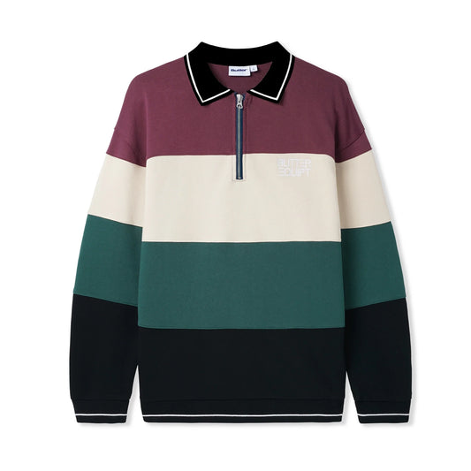 Butter Goods Ivy Stripe Zip Crewneck - Plum/Khaki/Forest